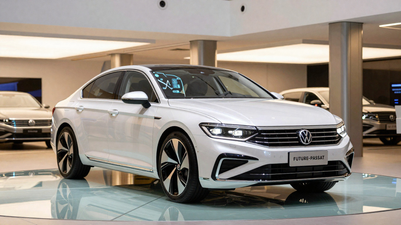 Carro branco Volkswagen Future Passat em exposição interna com iluminação e outros carros ao fundo.