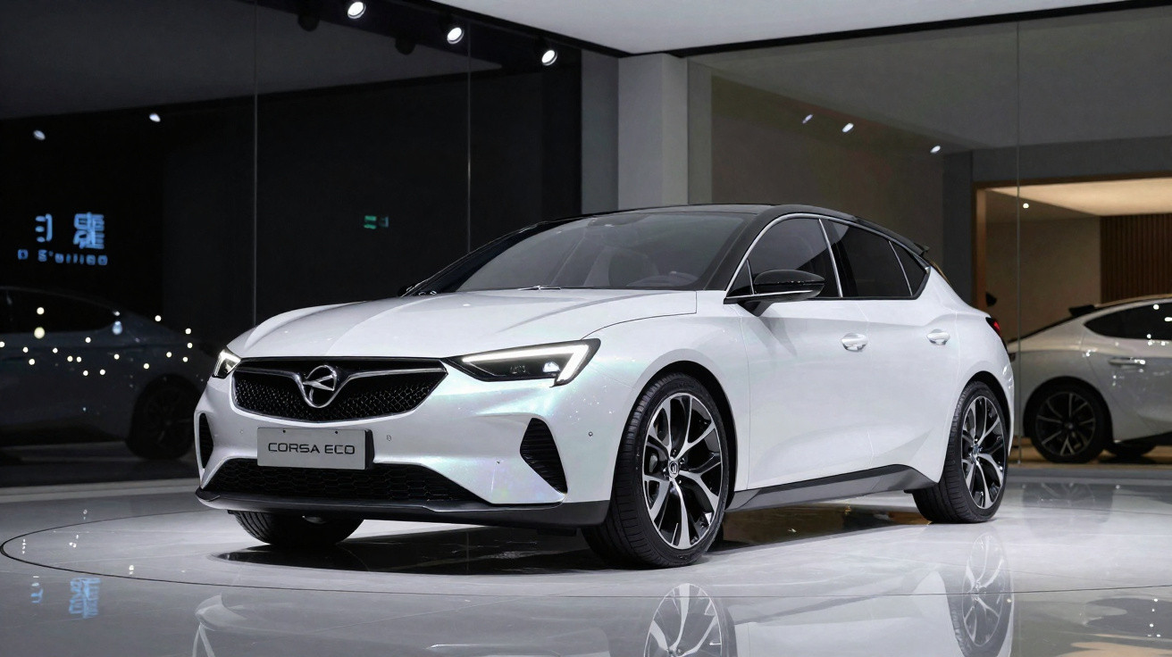 Carro branco Opel Corsa-e ECO exposto em salão automotivo com teto preto e rodas esportivas.