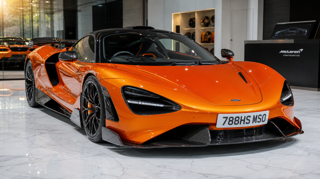 Carro esportivo McLaren laranja brilhante exibido em showroom moderno com piso de mármore.