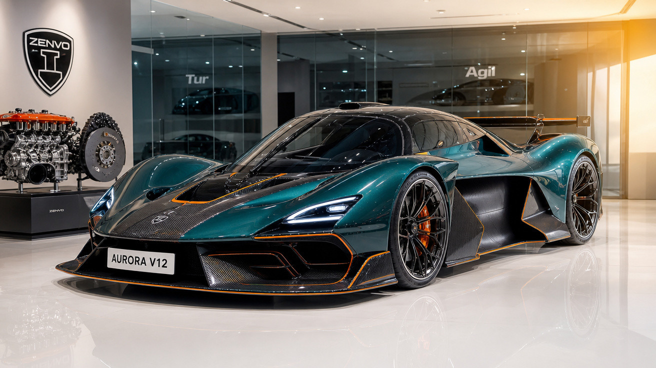 Carro esportivo Zenvo Aurora V12 verde com detalhes em laranja em showroom moderno e iluminado.