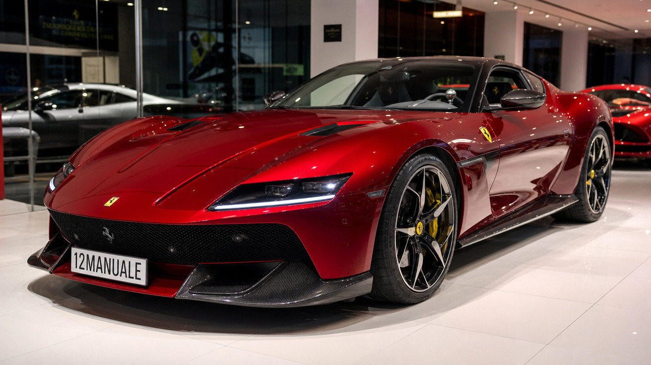 Carro esportivo Ferrari vermelho brilhante estacionado em showroom com detalhes em fibra de carbono e rodas pretas.