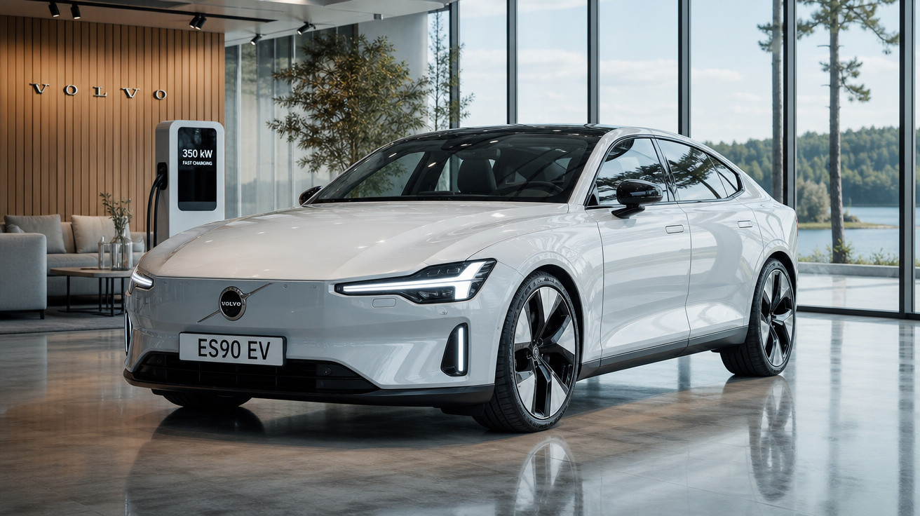 Carro elétrico Volvo ES90 EV branco em showroom moderno com carregador rápido ao fundo.