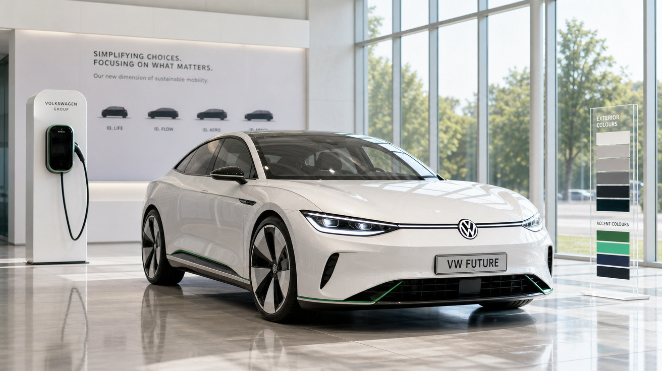 Carro elétrico branco VW FUTURE em showroom moderno com estação de recarga e painéis de cores.