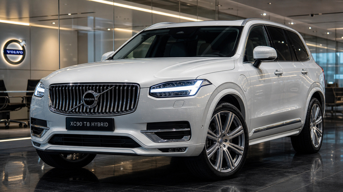 SUV Volvo XC90 T8 Hybrid branco em showroom moderno com iluminação refletida no chão preto.