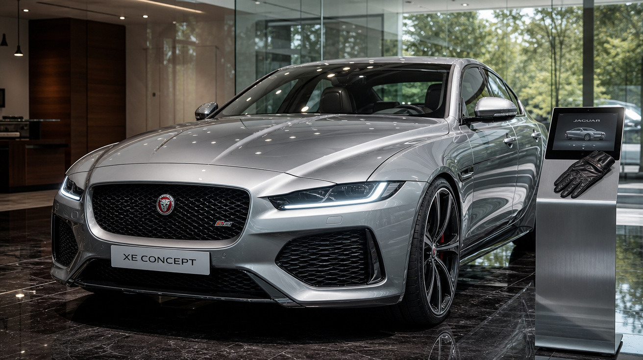 Carro prata Jaguar XE Concept em exposição em showroom moderno com piso de mármore e iluminação interna.