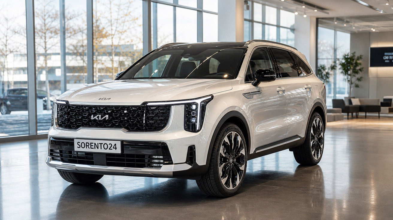 SUV Kia Sorento branco em showroom moderno com piso de cimento polido e janelas amplas de vidro.