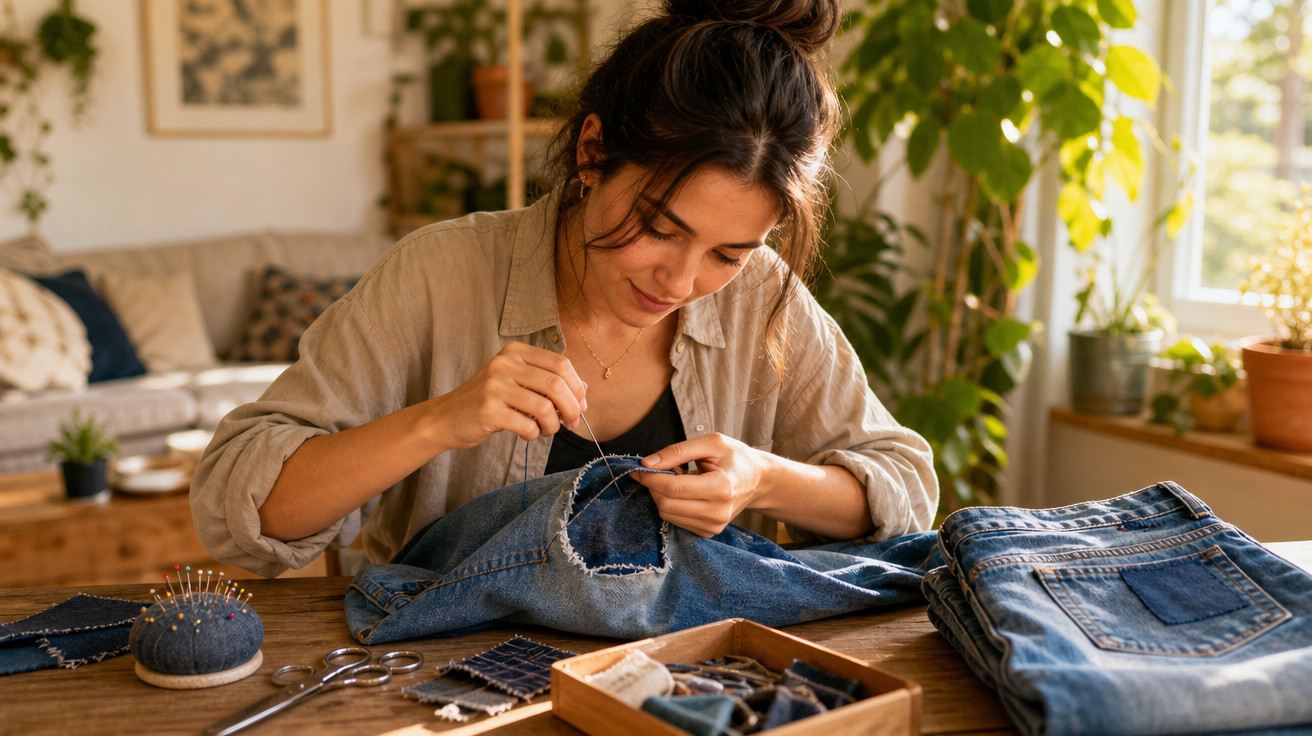 Mulher costurando um remendo em jeans azul em uma mesa com materiais de costura em ambiente iluminado.