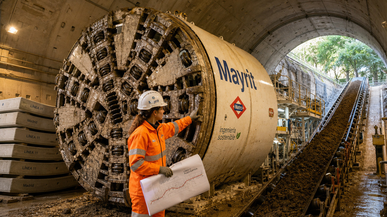 Operadora de túnel em capacete e colete laranja diante de máquina perfuratriz enorme em construção subterrânea.