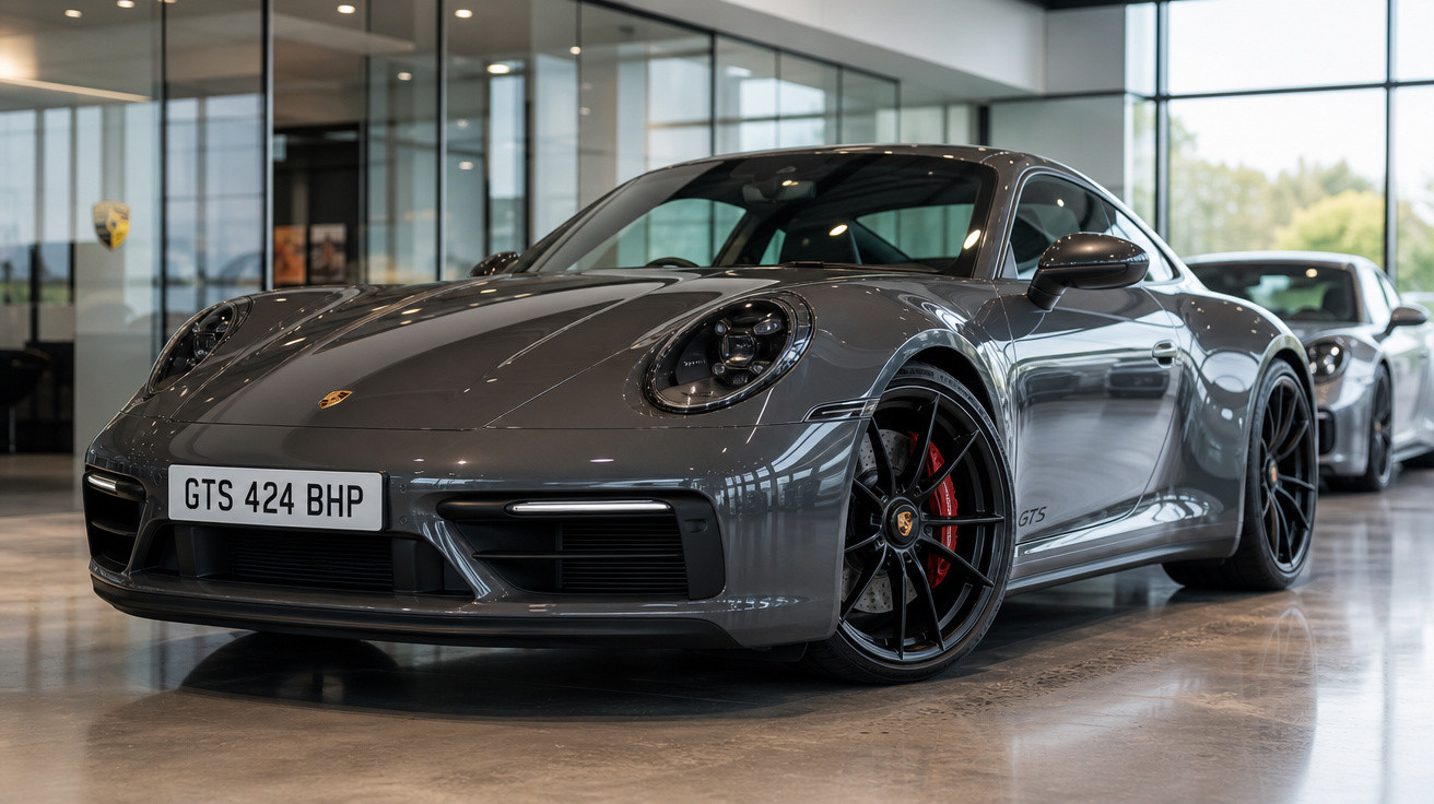 Carro esportivo Porsche cinza estacionado em showroom moderno com piso brilhante e iluminação natural.