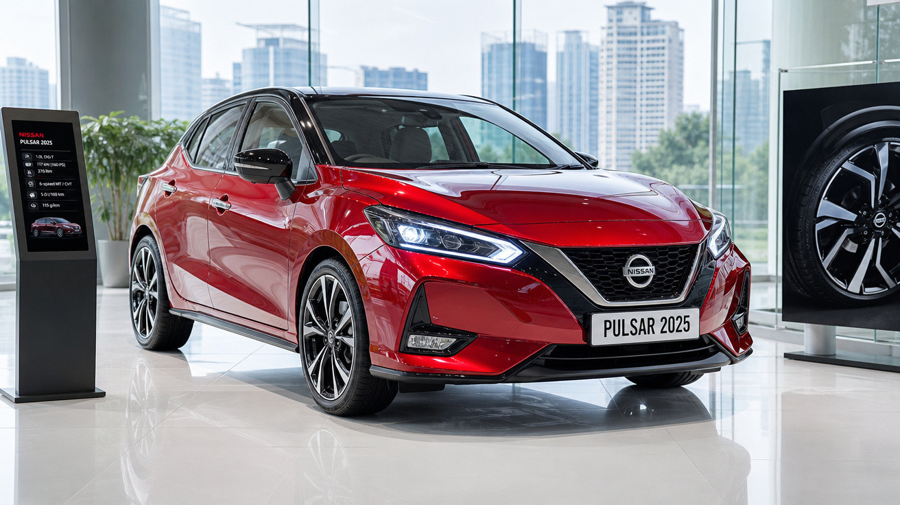 Carro vermelho Nissan Pulsar 2025 exibido em showroom moderno com janelas panorâmicas e prédios ao fundo.