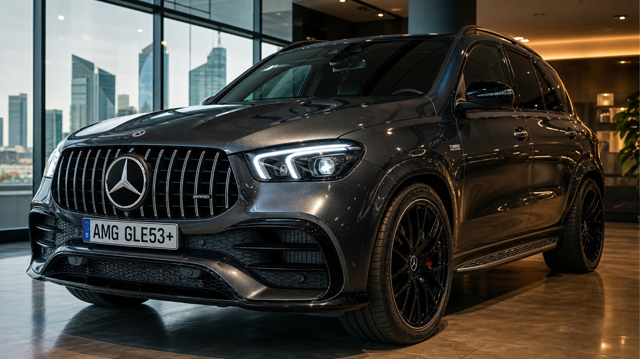 Carro SUV Mercedes-Benz AMG GLE 53 cinza escuro estacionado em ambiente interno moderno.