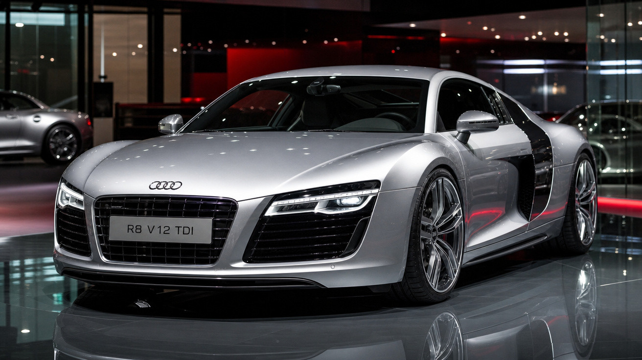 Carro esportivo Audi R8 prata exibido em salão com luz ambiente refletida no piso brilhante.