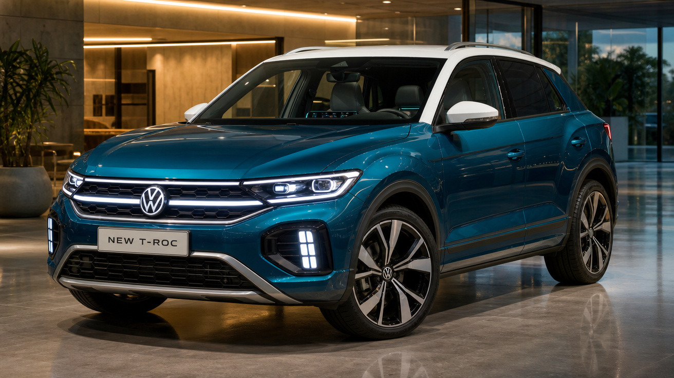 SUV Volkswagen T-Roc azul com teto branco estacionado em ambiente moderno e iluminado.