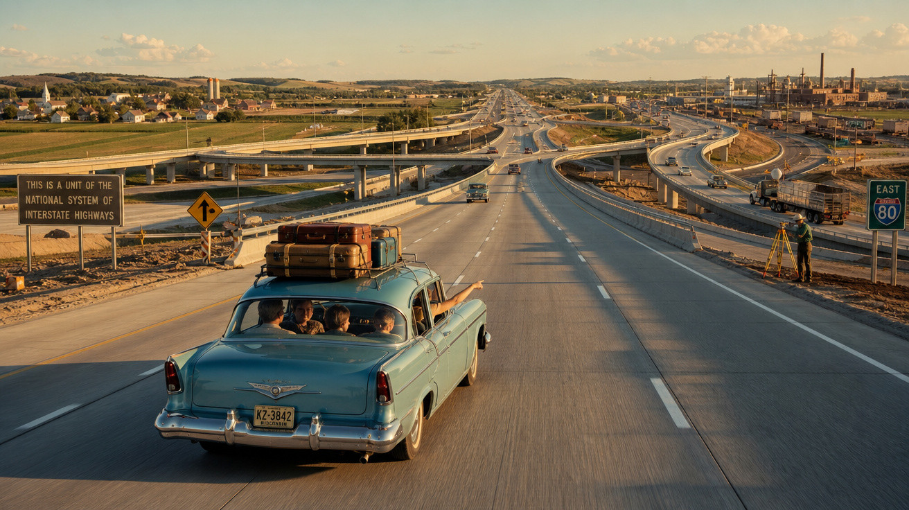 Carro antigo azul com bagagem no teto em rodovia ampla e vazia ao entardecer, com horizonte urbano ao fundo.