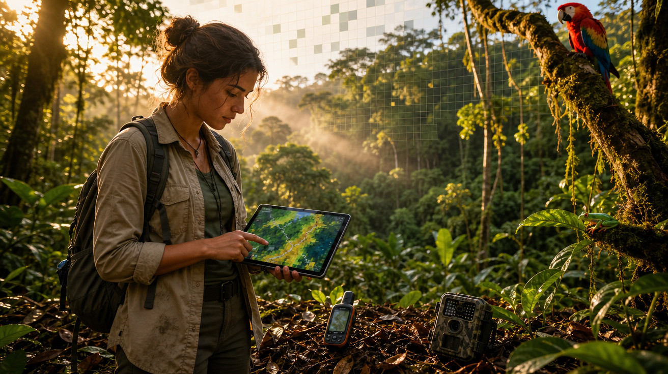 Mulher analisando dados em tablet na floresta tropical ao amanhecer, com equipamentos e arara vermelha ao lado.