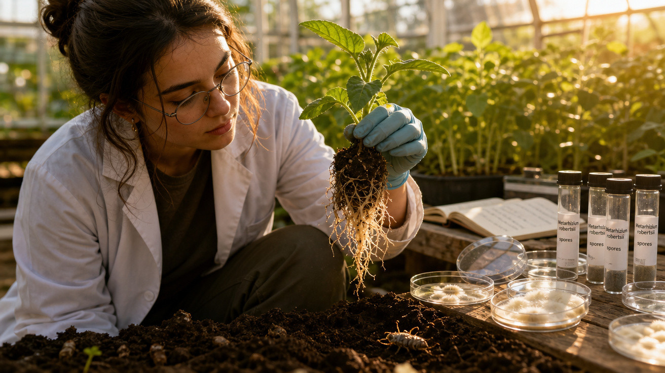 Mulher em jaleco analisa planta com raízes expostas em estufa, ao lado de placas de Petri e frascos rotulados.
