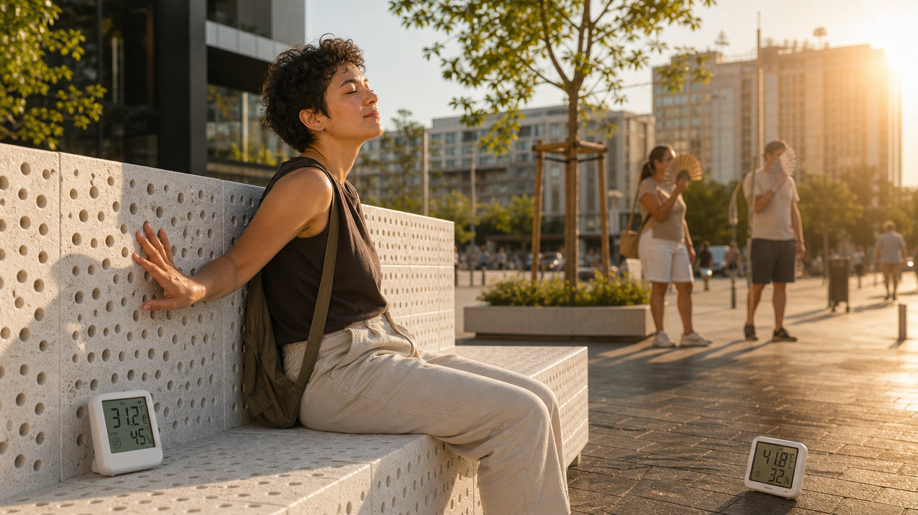 Mulher sentada em banco ao ar livre no pôr do sol, com termômetros mostrando temperaturas elevadas.