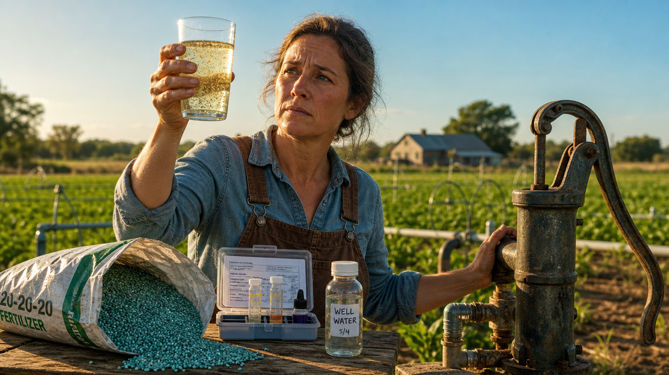 Mulher em fazenda analisando água de poço com saco de fertilizante e kit de teste ao lado.