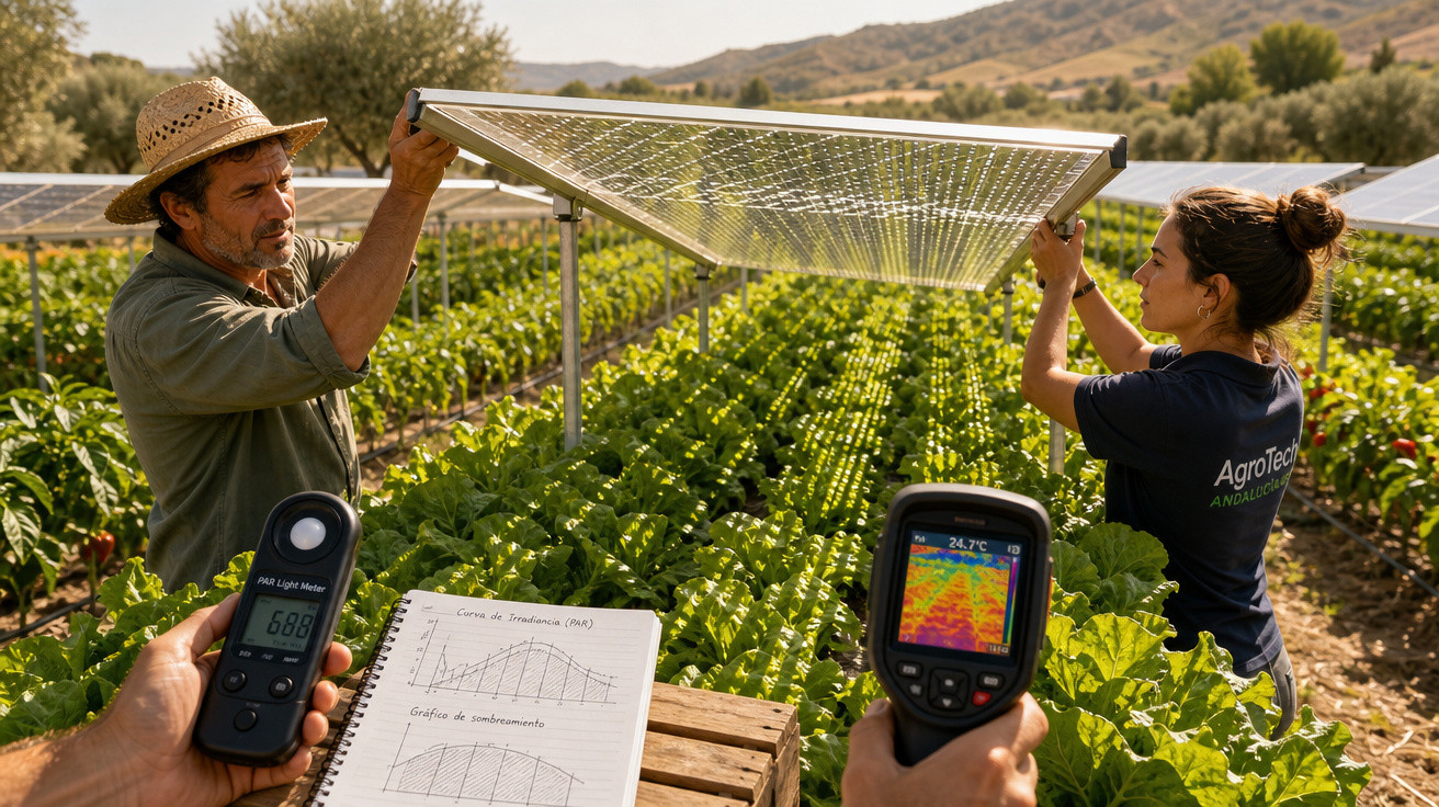 Agricultores ajustam painel solar em estufa enquanto sensores medem luz e temperatura na plantação.