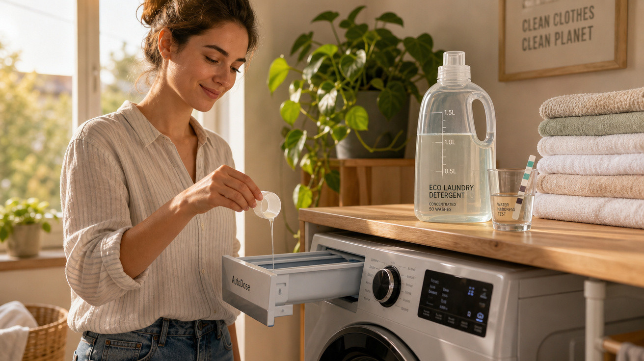 Mulher colocando detergente líquido em máquina de lavar em lavanderia com luz natural e decoração verde.