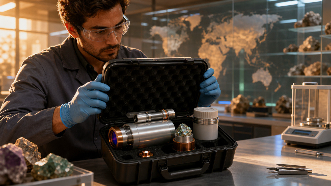 Cientista em laboratório abrindo maleta com equipamento e amostras de minerais para análise.