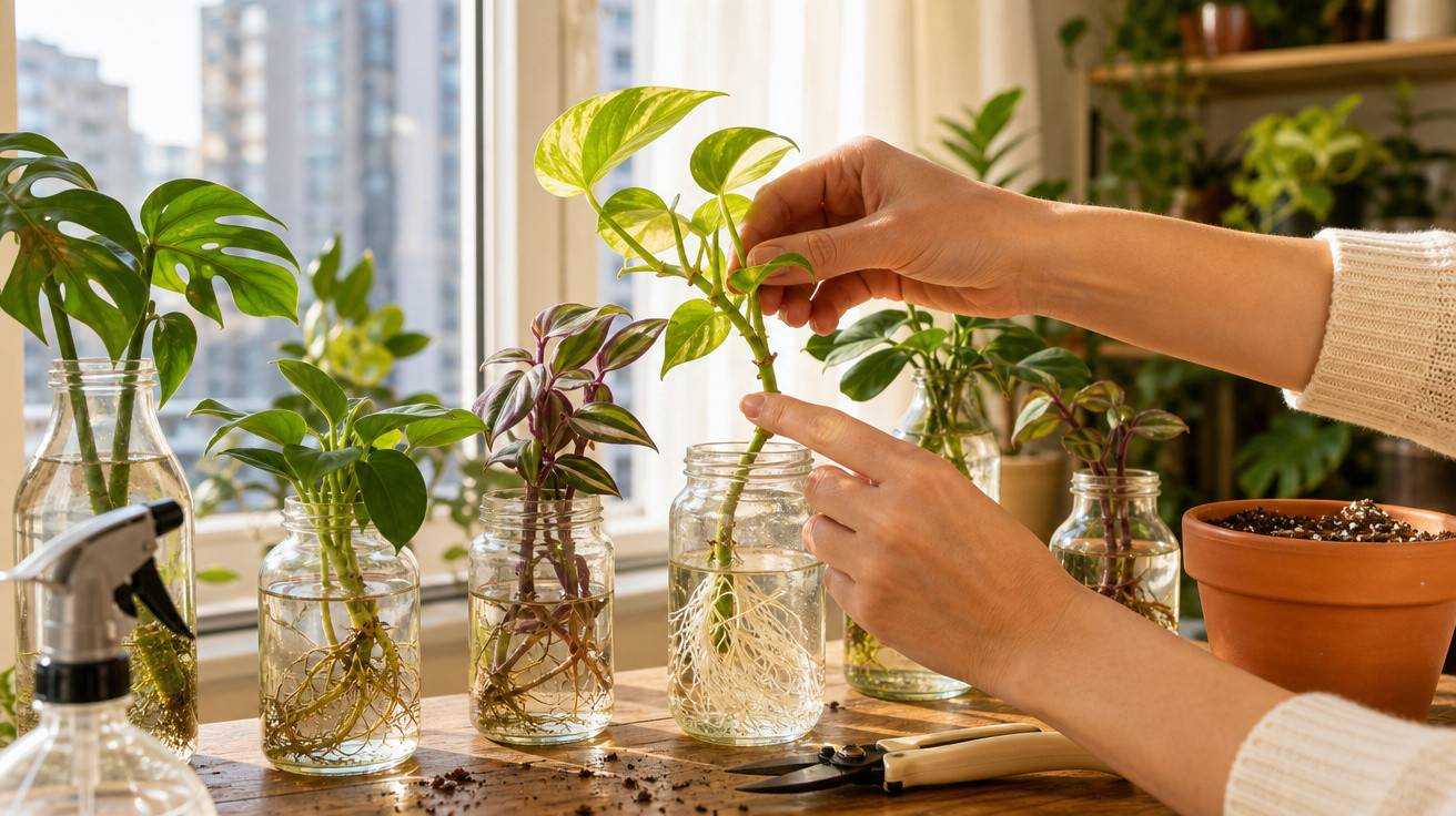 Mãos plantando mudas em jarros de vidro com água ao lado de ferramentas de jardinagem em mesa iluminada.