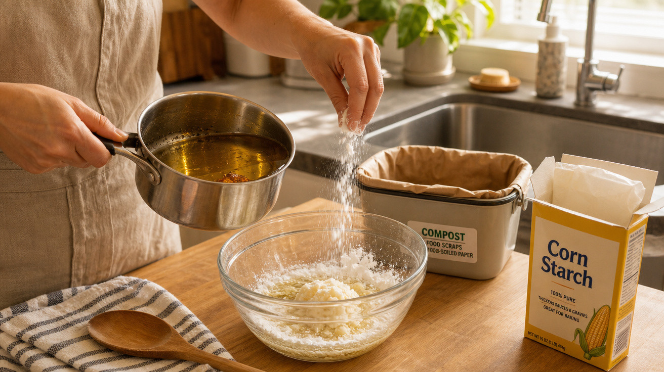 Pessoa adicionando ingrediente na tigela de vidro para preparar receita na cozinha ensolarada.