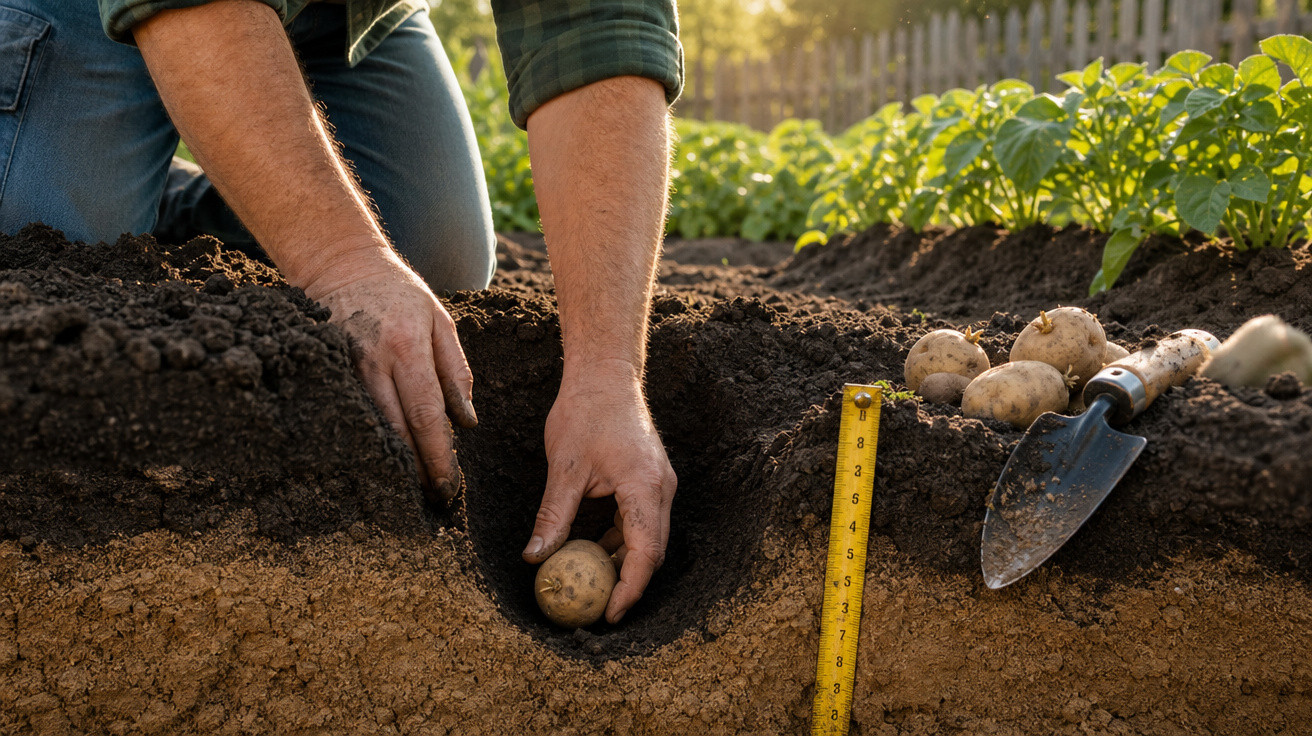 Pessoa plantando batata no solo com regador e plantas ao fundo em jardim ensolarado.