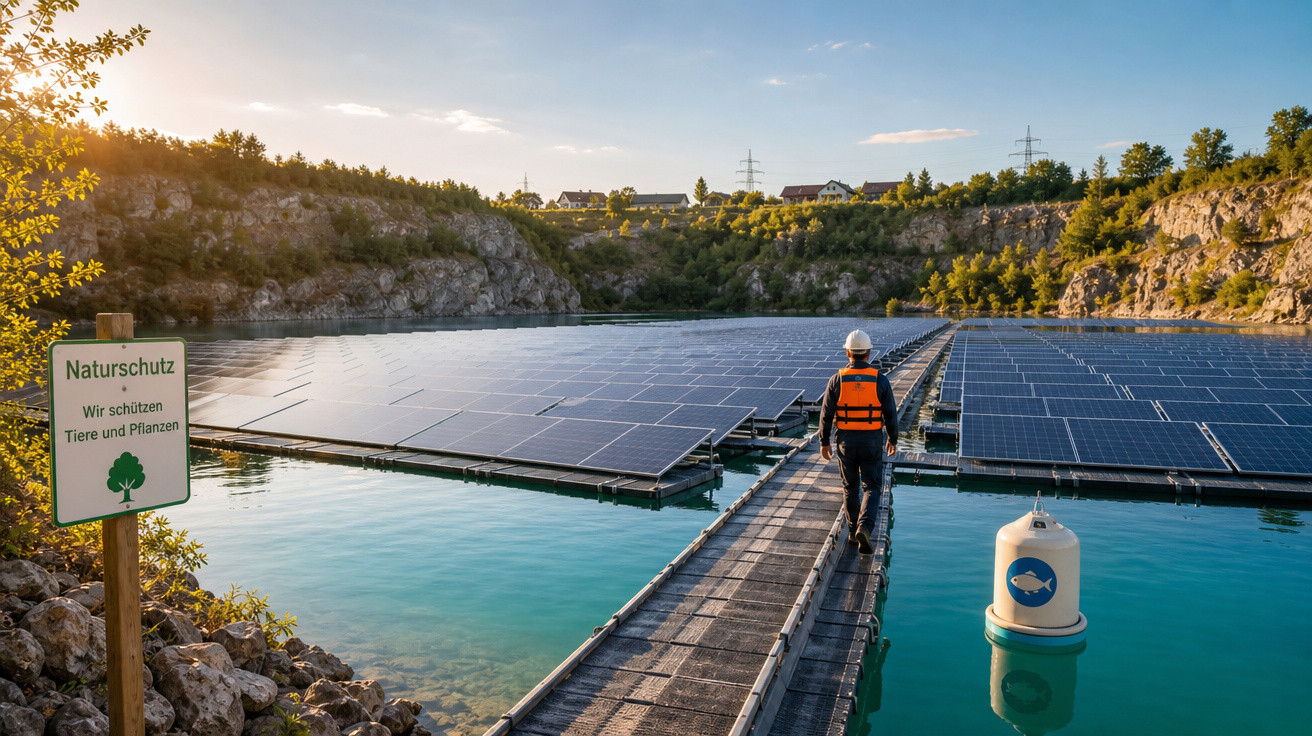 Homem com capacete e colete caminha em passarela sobre painéis solares flutuantes em lago rodeado por morros rochosos.