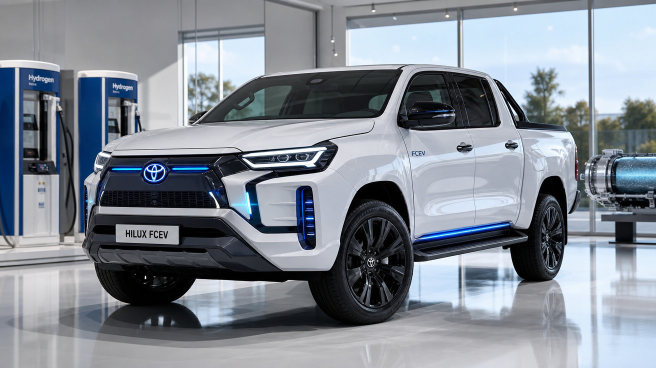 Picape Toyota Hilux FCEV branca em showroom moderno com bomba de hidrogênio ao fundo.