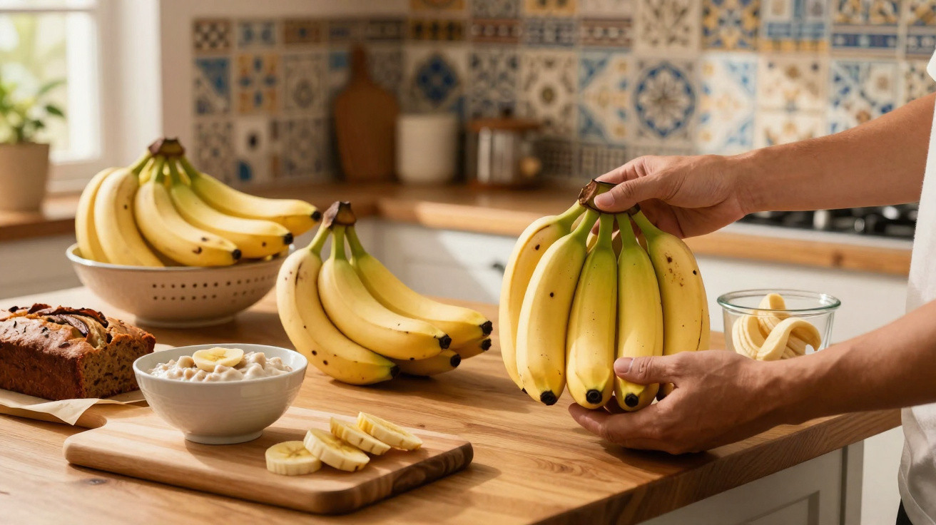 Pessoa segurando cacho de bananas em cozinha com mesa de madeira e alimentos à base de banana.