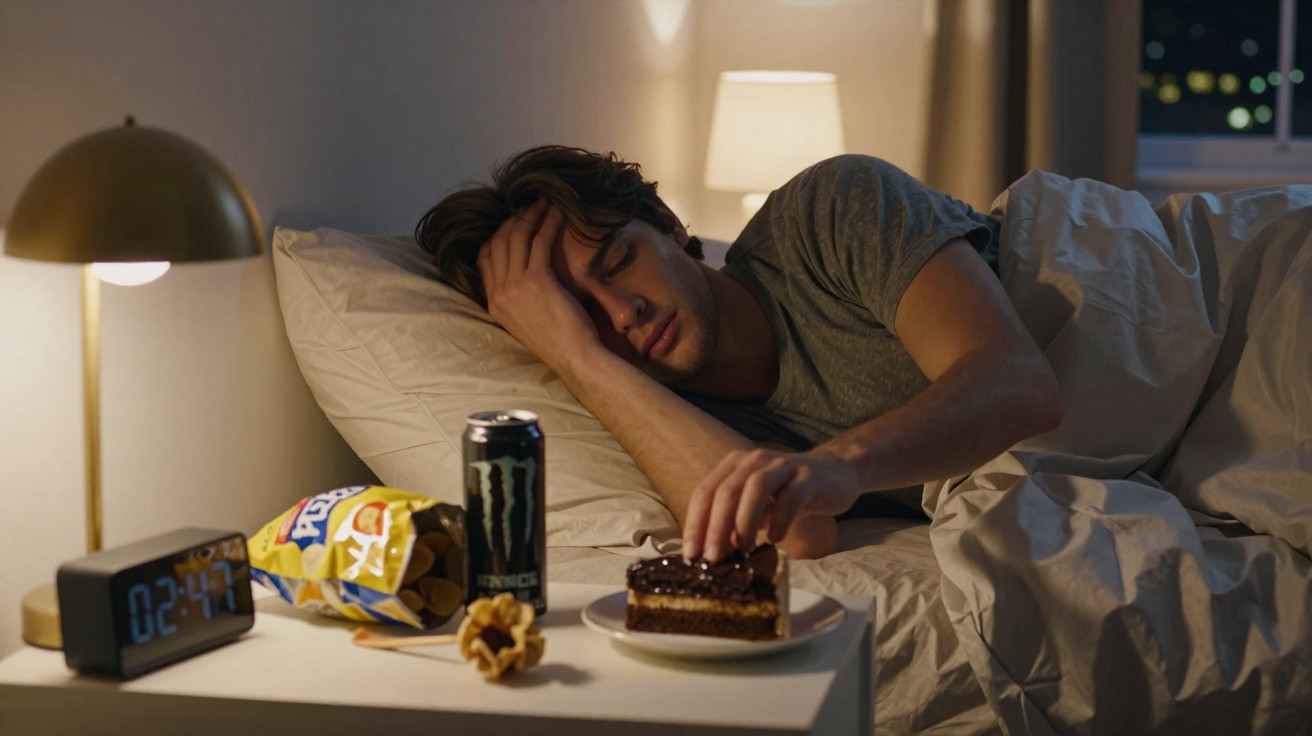 Jovem deitado na cama à noite, comendo bolo, ao lado de energéticos e salgadinhos no criado-mudo.