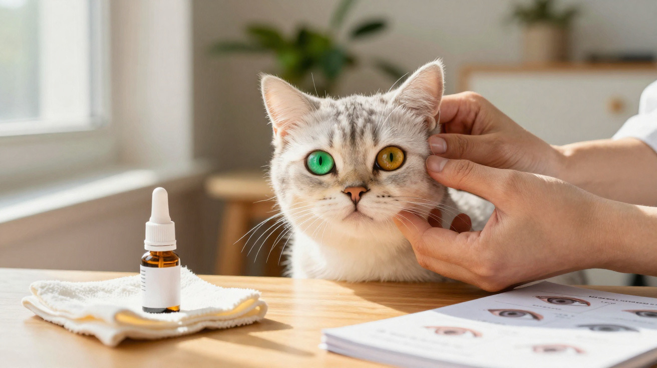 Gato com olhos heterocromáticos sendo examinado, com frasco de medicamento e livro aberto na mesa.