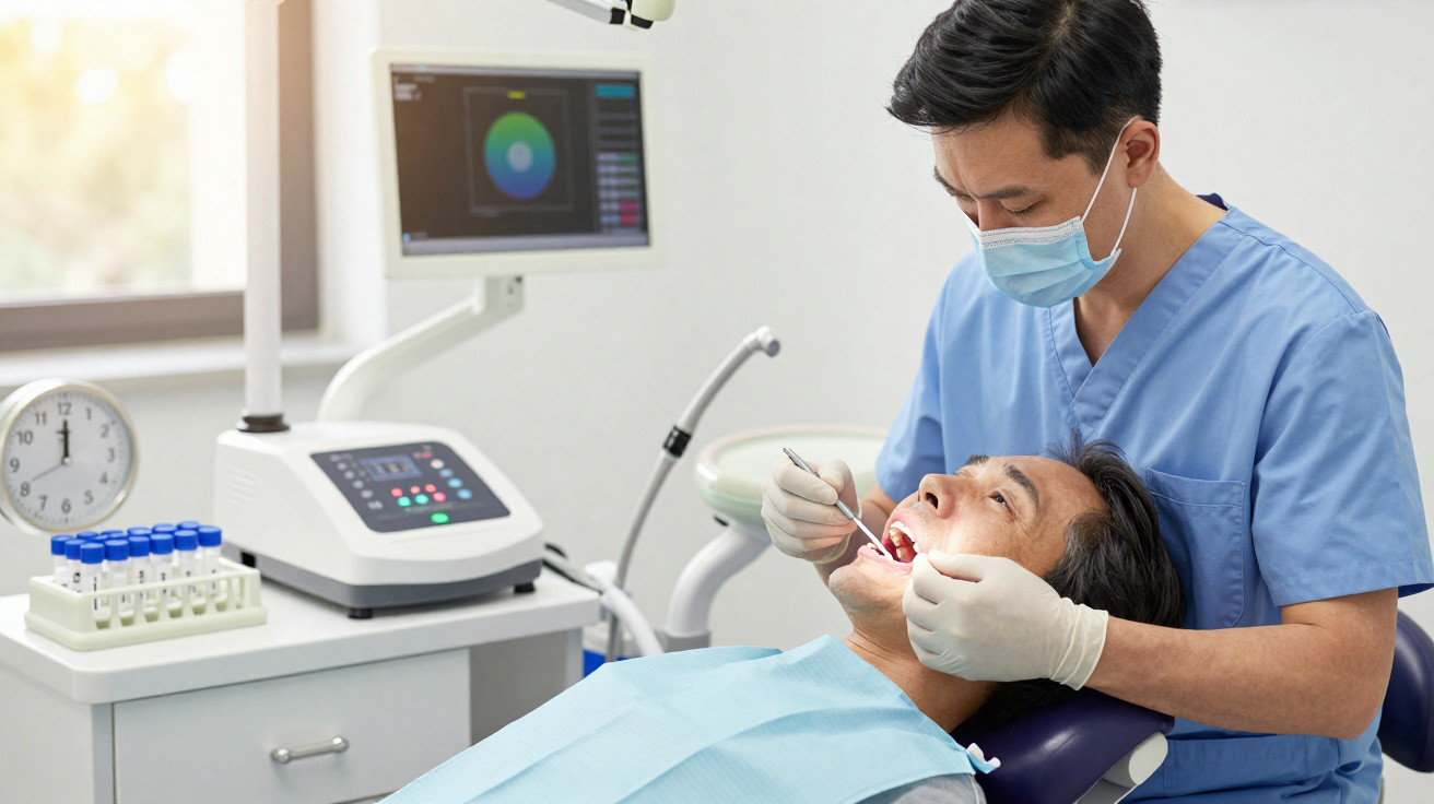 Dentista usando máscara examina a boca de paciente em cadeira clínica odontológica.