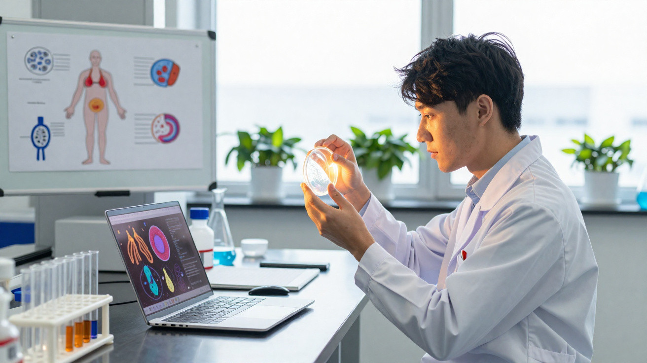 Pesquisador em laboratório examina placa de Petri, com laptop e quadro anatômico ao fundo.