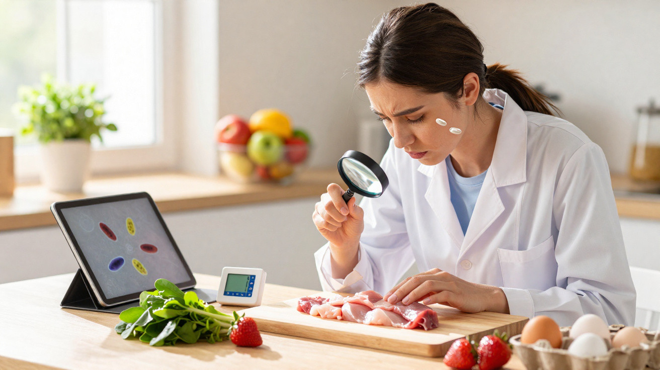 Mulher com jaleco branco examina pedaços de carne com lupa em cozinha iluminada.