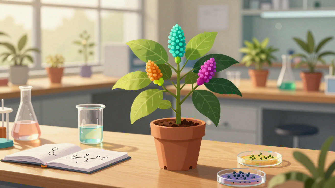 Planta em vaso com frutos coloridos em laboratório, ao lado de caderno, vidrarias e placas de Petri.