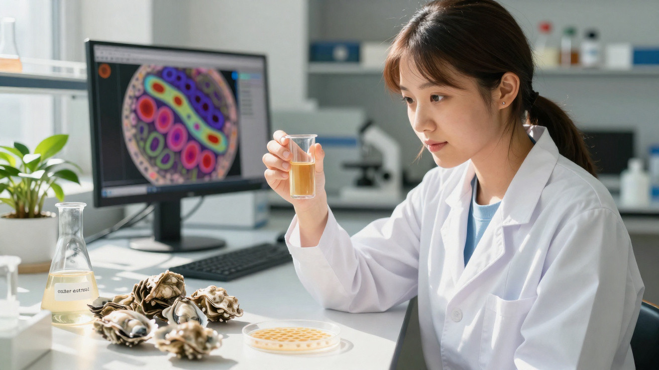 Cientista em laboratório analisando líquido amarelo em tubo de ensaio com ostras e petri ao lado.