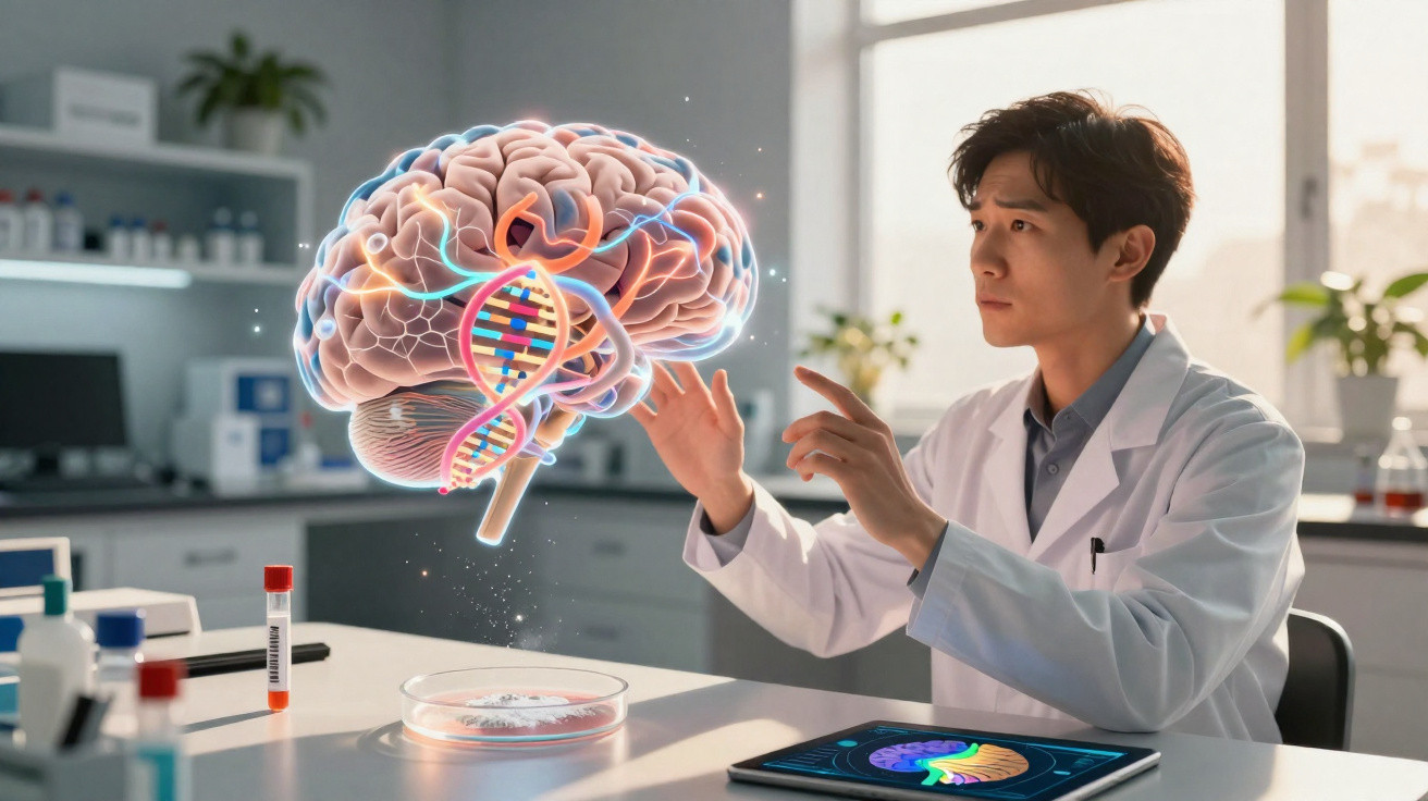Cientista em laboratório interagindo com holograma de cérebro e DNA sobre mesa com equipamentos.