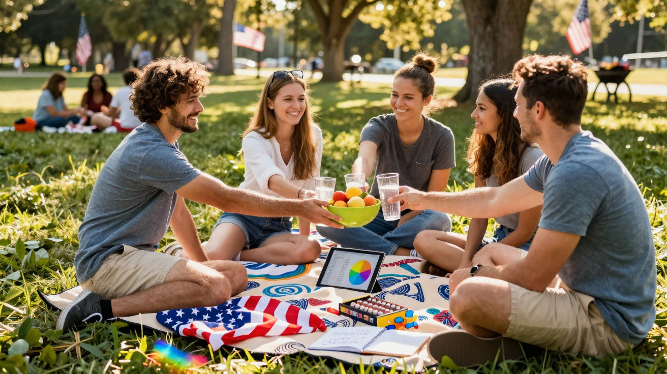 Grupo de jovens sentados em piquenique no parque, brindando com copos de água e frutas.