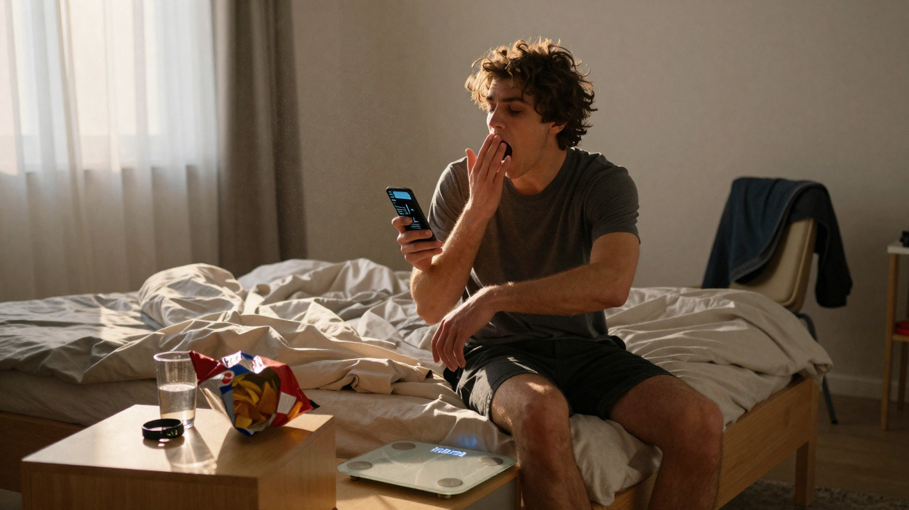 Jovem sentado na cama bocejando enquanto usa celular em quarto com iluminação natural.