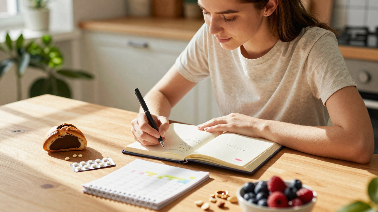 Mulher escrevendo em caderno numa mesa com frutas, remédios e lanche em ambiente iluminado.