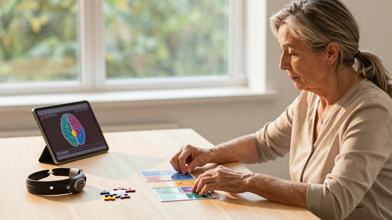 Mulher idosa fazendo atividade cognitiva com quebra-cabeça e tablet mostrando cérebro, sentada à mesa.