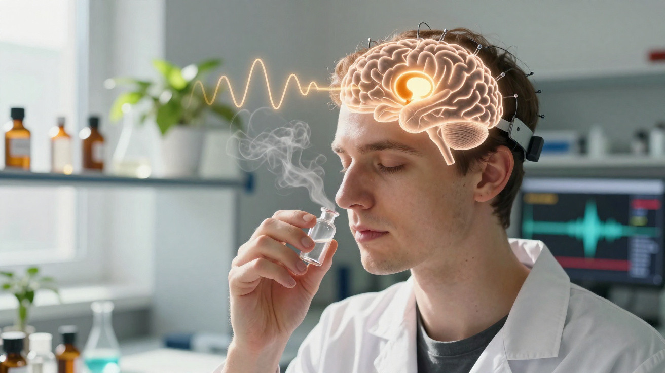 Homem em laboratório cheirando frasco com vapor, com ilustração de cérebro e ondas cerebrais visíveis.