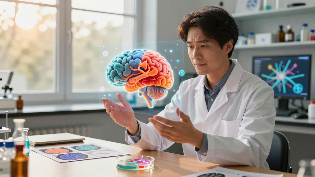 Pesquisador em laboratório analisando imagem holográfica colorida de cérebro humano.