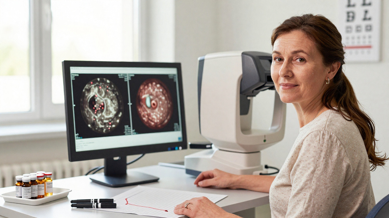 Mulher médica analisando imagens médicas no computador em consultório com equipamento oftalmológico ao fundo.
