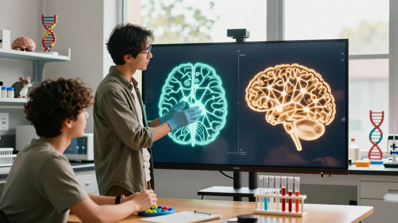Duas pessoas em laboratório analisando imagens digitais do cérebro em tela grande para estudo neurológico.