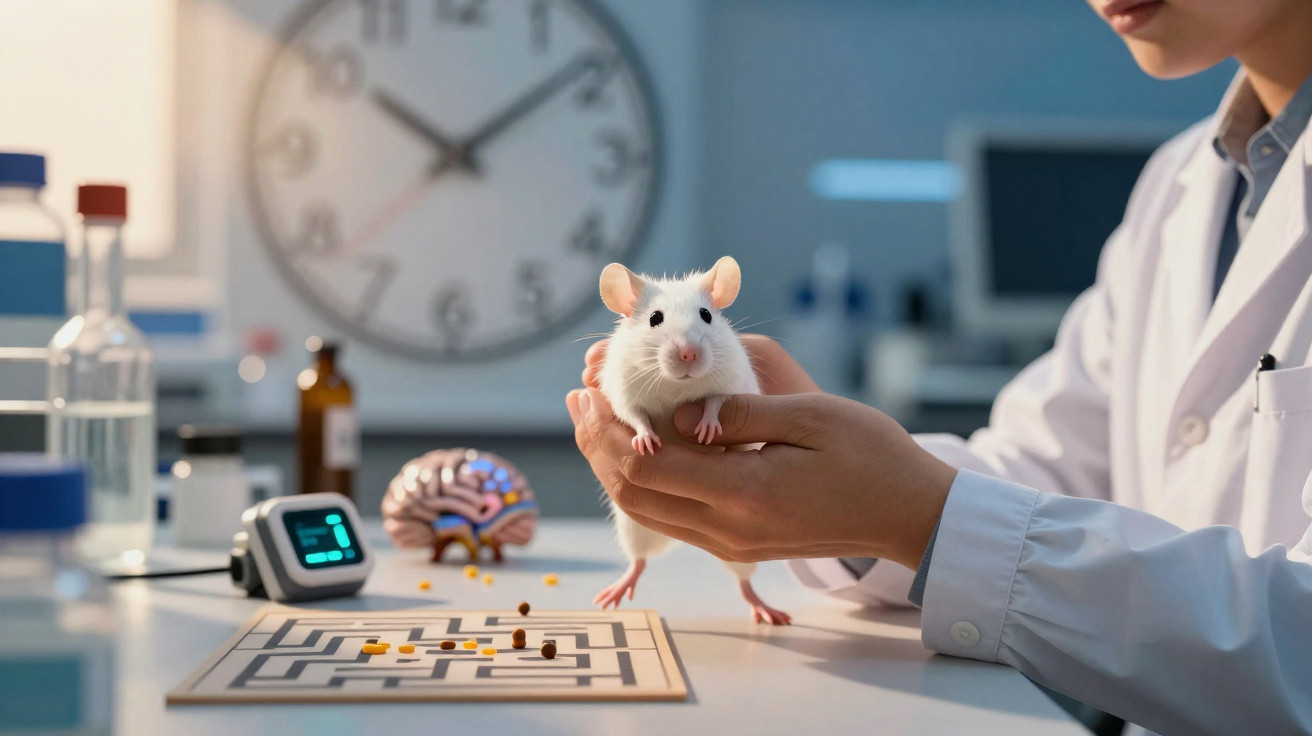 Rato branco sendo segurado por pesquisador em laboratório com tabuleiro de labirinto e cérebro artificial ao fundo.