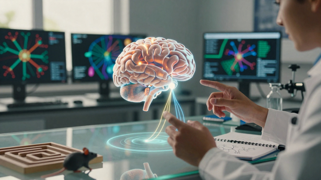 Pesquisador interage com holograma de cérebro humano em laboratório com gráficos em monitores ao fundo.