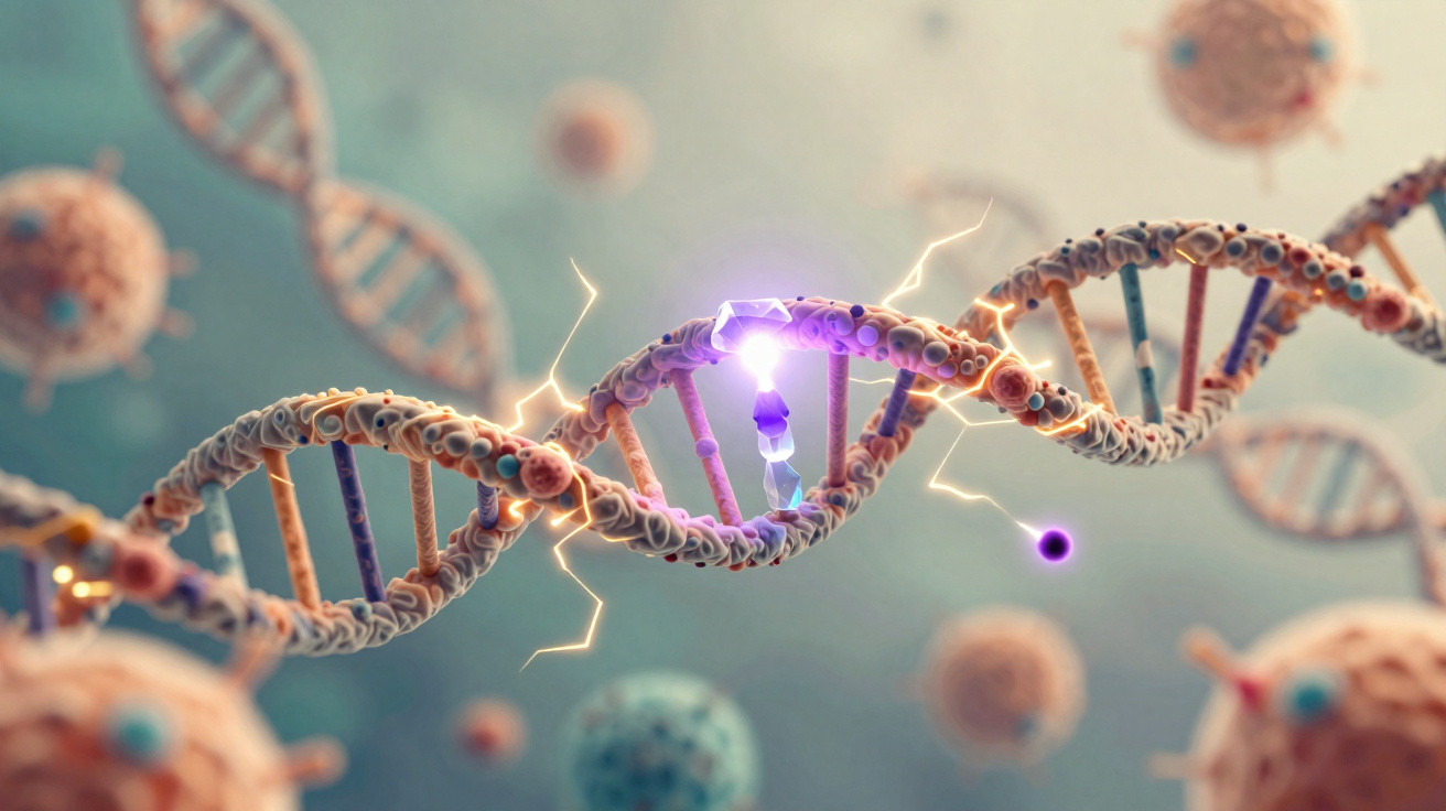 Representação digital de uma molécula de DNA com elementos brilhantes e estruturas celulares desfocadas ao fundo.